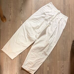 Vintage Trendy Cotton White Pleated Front Button Detail Cropped Cuffed Pants